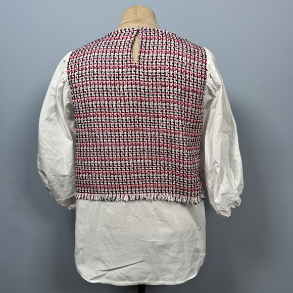 ZARA Tweed Women XS Puff Sleeve Fringe Top Blouse White Pink Academia Preppy - Picture 3 of 9